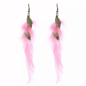 Pink Feather Gold Leaf Tassel Earrings